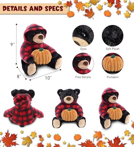 DolliBu Red Plaid Hoodie Black Bear Stuffed Animal with Pumpkin - 10 Inches