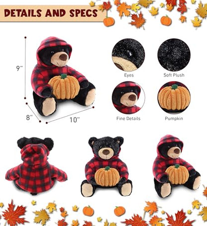 DolliBu Red Plaid Hoodie Black Bear Stuffed Animal with Pumpkin - 10 Inches