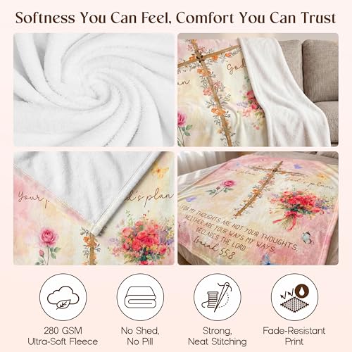 WRAPIX Christian Gifts for Women Faith - Soft Fleece Throw Blanket 50x60 in - color: Pink - God Plan, size: 50x60 inches