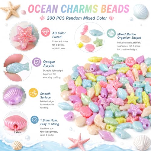 FASHEWELRY 200 Pcs Acrylic Ocean Sea Fish, Cute Marine Organism Sea Star, Shellfish Conch Beads, Candy Color Pony Beads Bulk for Bracelets, Necklaces, Jewelry Making - color: Mixed Marine Organism
