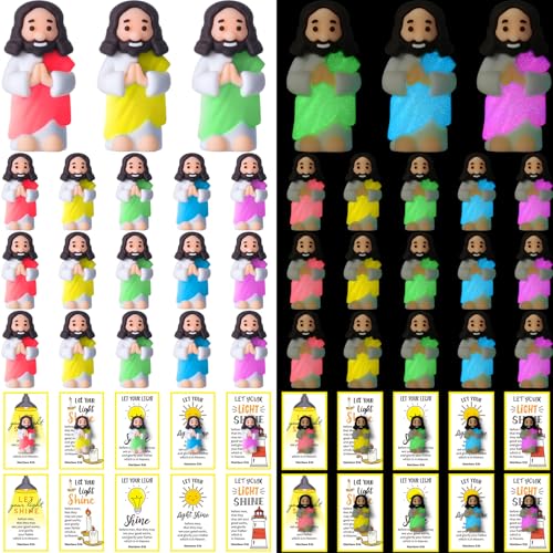 CroBlissful 30 Sets Mini Jesus Figurines Bulk Christian Glow in The Dark with Let Your Light Shine Cards for Christian Sunday School Religious Party Favor Halloween(Hands Together) - style: Hands Together