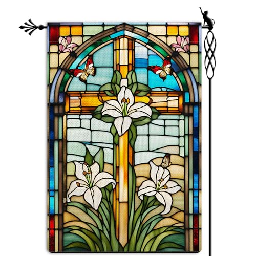 He is Risen Garden Flag Easter Cross Lily Garden Flag Glass Style Religious Jesus Vertical Double Sided Rustic Farmland Burlap Yard Lawn Outdoor Decor 12.5x18" - color: He is Risen #WQ119