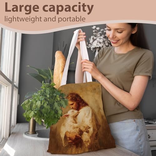 kunlisa Christian Tote Bag for Women, Christian Gifts for Women Faith Canvas Tote Bag - color: Jesus and the Sheep