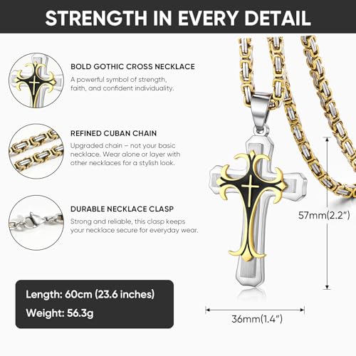 MEALGUET Stainless Steel Crucifix Cross Pendant Necklace,Men's Cross Necklace with Chunky Byzantine Chain/Rolo Chain, Gift for Men - style: Gold plated-byzantine chain