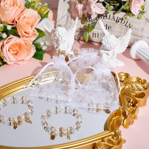 Taiyin Rosary Bracelet Bulk with Mesh Bags, White Religious Rosary Bead Bracelet Catholic Bracelets, Baptism First Communion Gifts for Women - color: Gold