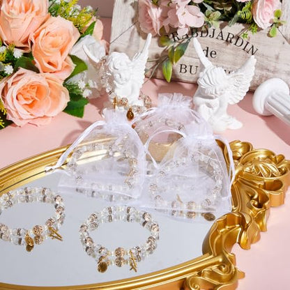 Taiyin Rosary Bracelet Bulk with Mesh Bags, White Religious Rosary Bead Bracelet Catholic Bracelets, Baptism First Communion Gifts for Women - color: Gold