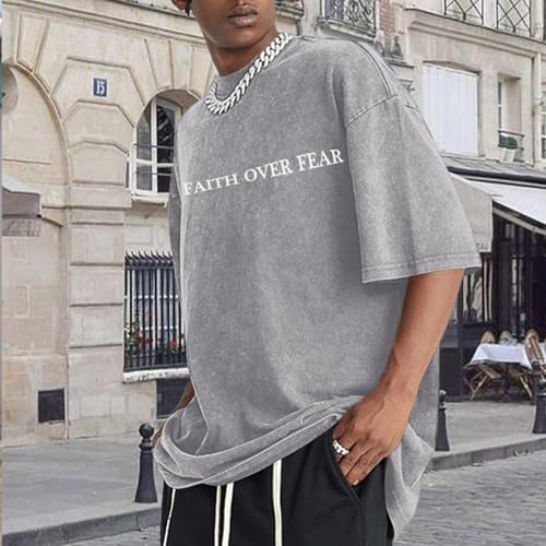 Christian Faith Over Fear Shirt for Men Jesus Religious Shirts Oversized Graphic Tees Acid Wash God T-Shirt - color: Light Gray, size: Medium