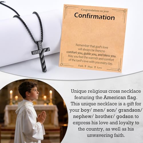 EPIRORA Cross Necklace for Men Boys, First Communion Baptism Confirmation Easter Gifts for Teens Boys, 316L Stainless Steel Chain Cross American Flag Religious Christian Jewelry Gifts, 22+2 Inches - style: Confirmation
