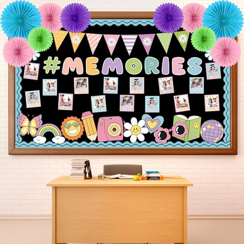 Pastel Groovy End of Year Bulletin Board Set 2026 Graduation Picture Frame Memories Classroom Decoration Paper Fans 3D DIY Hanging Cutouts for First Day of School Classroom Chalkboard Wall Decor - style: Pastel Memories