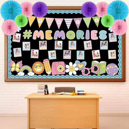 Pastel Groovy End of Year Bulletin Board Set 2026 Graduation Picture Frame Memories Classroom Decoration Paper Fans 3D DIY Hanging Cutouts for First Day of School Classroom Chalkboard Wall Decor - style: Pastel Memories
