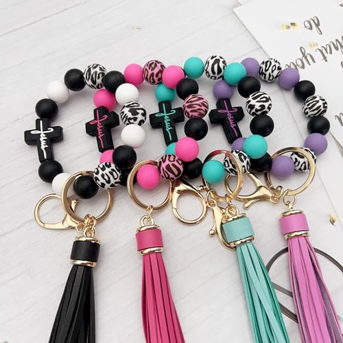 Silicone Beaded Jesus Cross Wristlet Keychain Leather Tassel,Key Ring Wrist Bangle,Key Chains Bracelet Women - color: Dark Pink Cross
