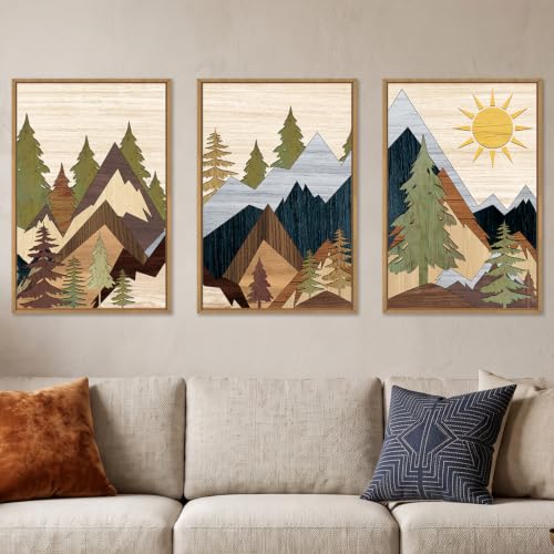 Ausri Boho Mountain Pine Tree Framed Canvas Wall Art Set -16"x24"x3 - color: Boho Mountain Wall Art, size: 16"L x 24"W