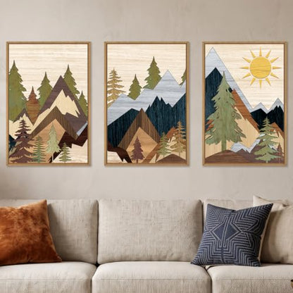 Ausri Boho Mountain Pine Tree Framed Canvas Wall Art Set -16"x24"x3 - color: Boho Mountain Wall Art, size: 16"L x 24"W