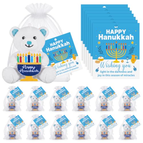 Silipull 12 Pcs Hanukkah Plush Bear Gifts Hold Menorah Hanukkah Stuffed Toy Party Supplies Decorations 4.1" for Young Kid's Family Reunions Party Favor Gift Box Stuffers - style: Hanukkah