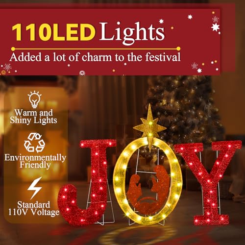 3 Pcs 35 Inch Outdoor Joy Christmas Nativity Scene Decorations w/ 110 LED Lights - Lighted Nativity Yard Sign for Xmas Outdoor Indoor Garden Lawn Holiday Decor