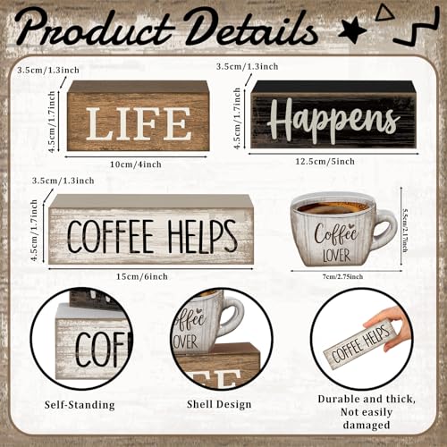 Moucuny 4 Pcs Wooden Coffee Bar Signs Farmhouse Table Decor Blocks - style: Coffee Lover
