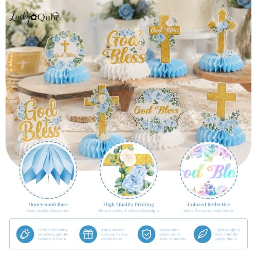 11Pcs Blue Floral God Bless Honeycomb Centerpieces, Baptism Christening Table Decorations, Christian Cross Religious Centerpiece for Baby Shower First Communion Birthday Party Supplies