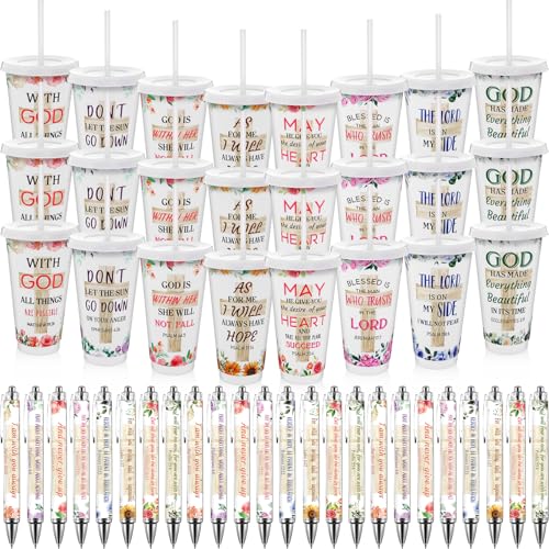 48 Pcs Christian Gifts for Women 24 oz Bible Scripture Cups with Lids Straw Religious Floral Bible Verse Ink Pens Church Religious Gift Set