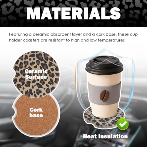 2PCS Car Cup Coasters,2.6 Inch Leopard Print Cup Holder Coasters for Car,Anti Slip Absorbent Cars Coaster for Cups Holders Leopard Print Cars Accessories for Women&Men