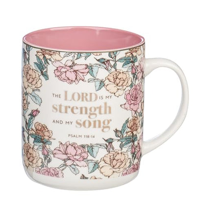 Christian Art Gifts Pink Floral Ceramic Coffee Mug – 14 oz. Lead and Cadmium-free Non-toxic Inspirational Scripture Coffee and Tea Mug for Women with Bible Verse: My Strength and My Song –Psalm 118:14