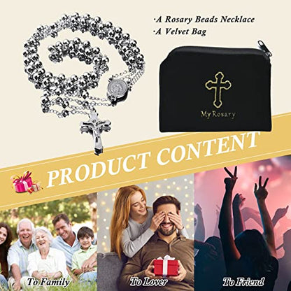 30" Stainless Steel Rosary Beads Necklace 6mm Silver Color with Jesus Christ Crucifix Cross Daily Prayer Baptism Confirmation Christmas Gift