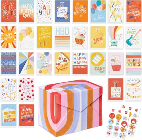 American Greetings 33-Count Birthday Card Pack designed by Kathy Davis Studios, Colorful Hand-Illustrated Assortment 4.625 inches x 6.75 inches (Pack of 6) - color: Kathy Davis Designs - Cake, size: 4.625 inches x 6.75 inches (Pack of 6)
