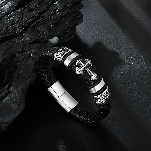 Mens Christian Cross Double Row Leather Bracelet, Religious Braided Cuff Bracelet for Men - color: Black, size: 8.5 inches