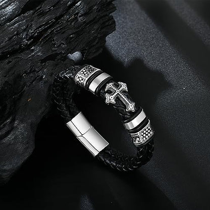 Mens Christian Cross Double Row Leather Bracelet, Religious Braided Cuff Bracelet for Men - color: Black, size: 8.5 inches