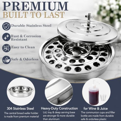 Holy Communion Tray with Lid, 2-in-1 Communion Cup Tray w/Central Removable Bread Wafer Holder, 32 Cup Stainless Steel Communion Set for Church Includes 100 Disposable Cups & Filling Bottle