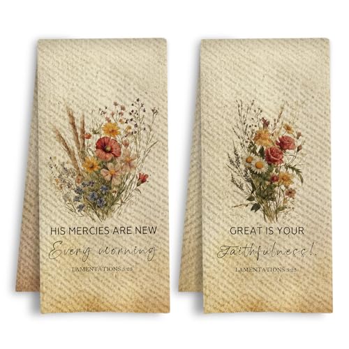 Vintage Floral Christian Kitchen Towels, Lamentations 3:23 Bible Verse Dish Tea Towels, Religious Faith Gifts Decorative Hand Towel for Bathroom Kitchen, 16x24 Inch Set of 2 - color: Lamentations 3:23- Vintage Floral