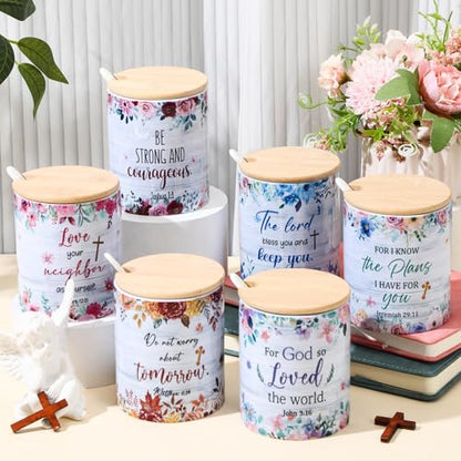 Remerry 6 Pcs Christian Women Bulk Gifts 12 oz Religious Coffee Mugs Cups Vintage Floral Ceramic Bible Verse Mugs with Lid Spoon for Sunday School Teachers Nurses Church Women Group Gifts(English) - style: English