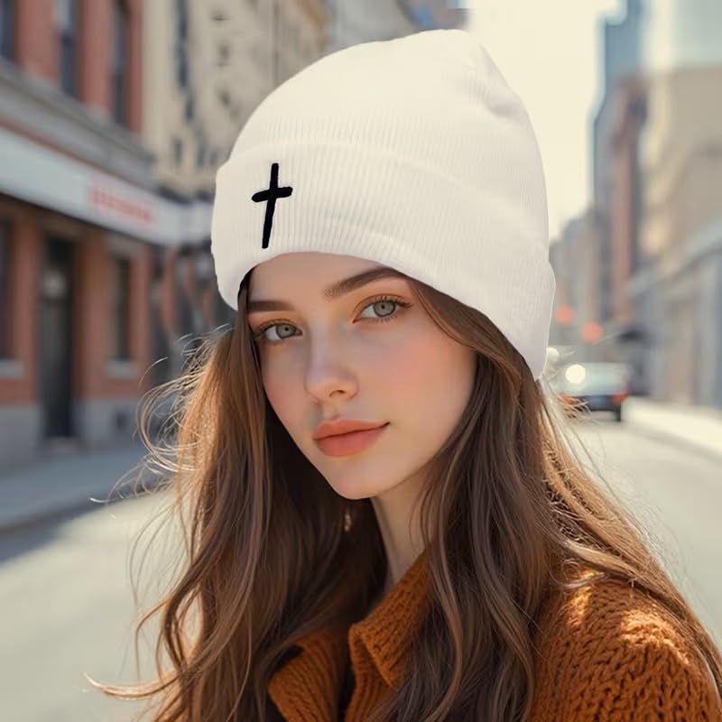 Unisex Stretch Warm Winter Skull Cap, Cold Weather Knit Beanie - color: White - 3d Cross Embroidery