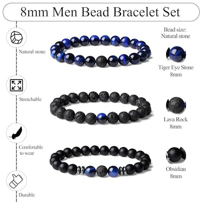 Mens Beaded Bracelets, 8MM Beaded Bracelets for Men, Natural Tiger Eye Bead Bracelet, Stretch Elastic Beads Bracelets for Men - color: 3 lapis lazuli volcanic black
