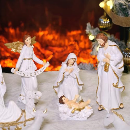 Nativity Set Christmas 12 Pieces Scene White Indoor Catholic Manger Set - color: White, size: 8 inches