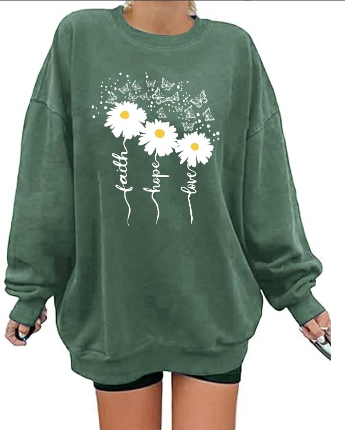 Christian Sweatshirts For Women Oversize Daisy Print Sweatshirts - color: Green, size: Medium