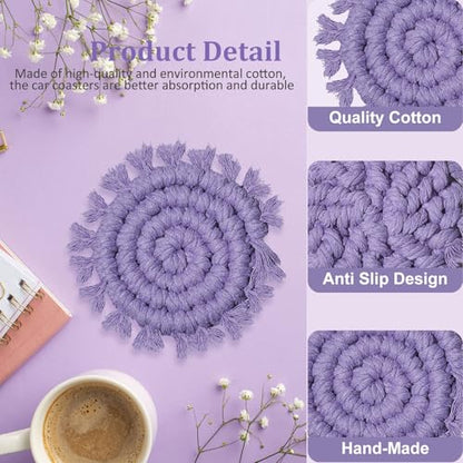 Cotton Car Coasters for Cup Holders, 2 Pack Car Cup Coasters, Drink Coaster Holder Cute Boho Macrame Cupholder Coaster Accessories for Women-3 inch (Purple) - color: Purple