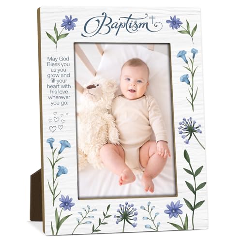 Baptism Picture Frame for Baby Girl/Boy, Christening Baby Gift, Baptism Gifts from Godparents Friends Family, 4x6 Blue Flowers Design Wooden Picture Frame, Home Office Desktop Nightstand Decor -015 - color: Flowers-3