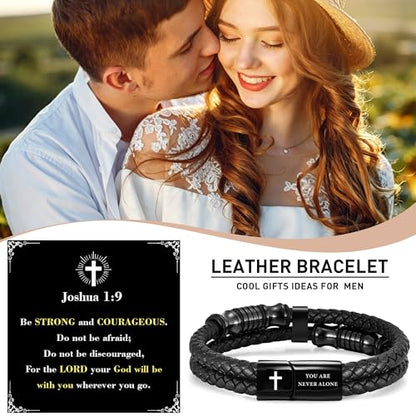 Christian Gifts for Mens Jewelry Black Double Layer Leather Cross Bible Verse Bracelets for Men, Teen Boys Religious Baptism Confirmation Gifts for Son Grandson Brother Teenages Gift Ideas - color: Joshua 1:9(8.27 Inch)