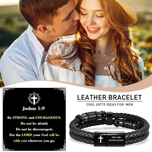 Christian Gifts for Mens Jewelry Black Double Layer Leather Cross Bible Verse Bracelets for Men, Teen Boys Religious Baptism Confirmation Gifts for Son Grandson Brother Teenages Gift Ideas - color: Joshua 1:9(9 Inch)