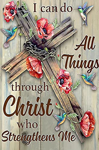 Bysincy 5D DIY Diamond Painting Kits for Adults Cross 12x16inch,Round Full Drill Beads Diamond Art Dots Craft Set,I can do All Things Through Christ who Strengthens me - color: CrossFlower