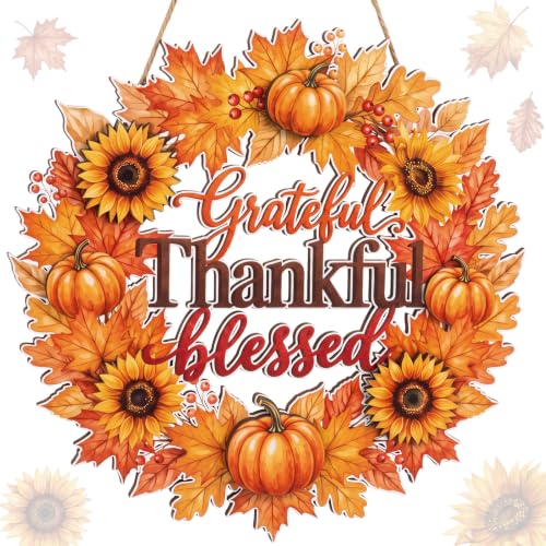 Yalikop Thanksgiving Door Sign Decorations Wreath Wooden Fall Autumn Hanging Sign 3D Hollow Maple Leaf Pumpkin Front Door Hanger Wall Decor for Harvest Porch Indoor Outdoor Home Decorations - style: Grateful Thankful