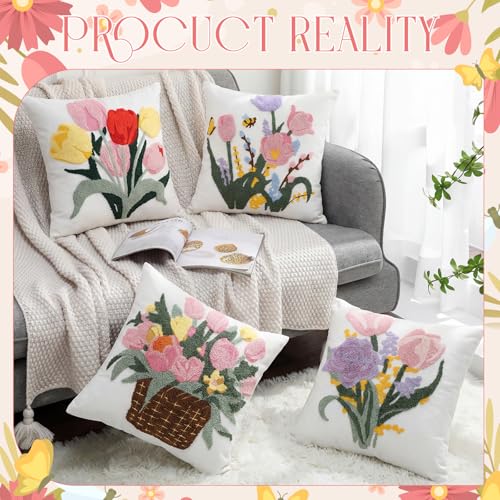 Mixweer 4 Pcs Mother‘s Day Gift Tulip Pillow Covers Set, 18 x 18 Inch Embroidered Spring Pillow Cases, Tulip Flowers Spring Style Square Throw Cushion Cover for Couch Sofa Bed Home Decoration - style: Tulip