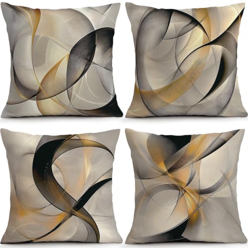 Gold Black Geometric Pillow Covers Set of 4, 18x18 Abstract Sofa Decor - color: Geometric Gold Black, size: 18" x 18" (Pack of 4)
