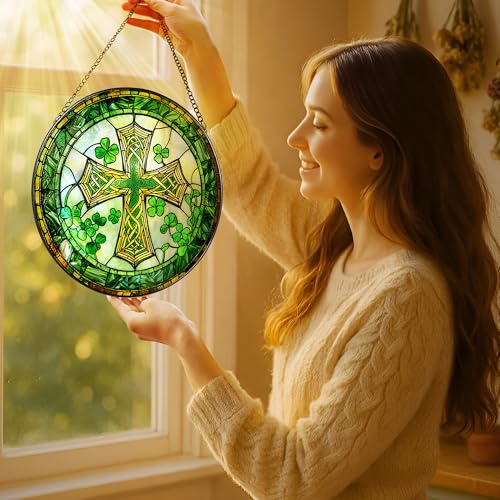 8'' St. Patrick's Day Cross Stained Glass Suncatcher Ornament, Stained Glass Window Hanging, Irish Decor, Patrick Day Decor, Irish Shamrock Gift, Cross Gifts, Religious Gifts, Christian Gift - color: Cross-b