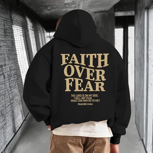 BANGELY Faith Over Fear Hoodie Men Christian Hoodies Sweatshirts Jesus Hoodie Bible Religious Sayings Sweater Pullover Tops - color: Black, size: XX-Large