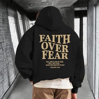 BANGELY Faith Over Fear Hoodie Men Christian Hoodies Sweatshirts Jesus Hoodie Bible Religious Sayings Sweater Pullover Tops - color: Black, size: XX-Large