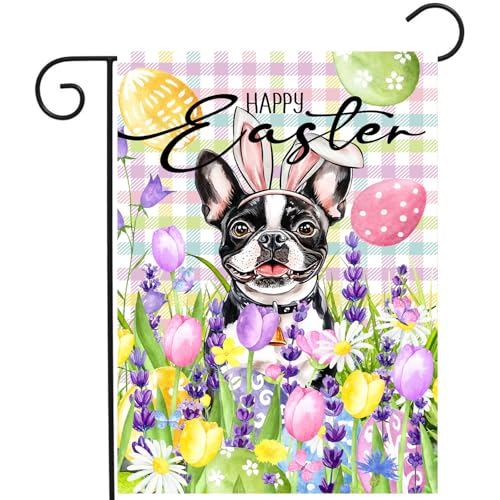 Happy Easter Dog Garden Flag Boston Terrier Spring Flags Buffalo Plaid Bunny Eggs Yard Flag for Outside 12x18 Double Sided Small Decorative Floral Outdoor Flag - color: easter-boston