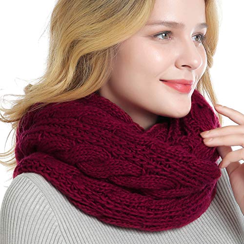 Winter Women Thick Cable Knit Ribbed Infinity Circle Loop Scarf - color: 06- Burgundy