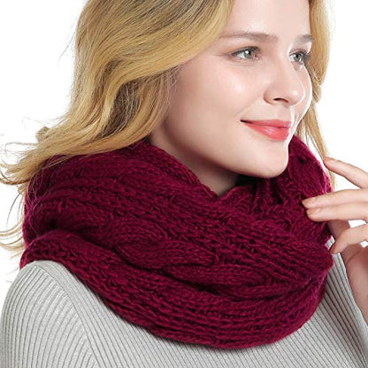 Winter Women Thick Cable Knit Ribbed Infinity Circle Loop Scarf - color: 06- Burgundy