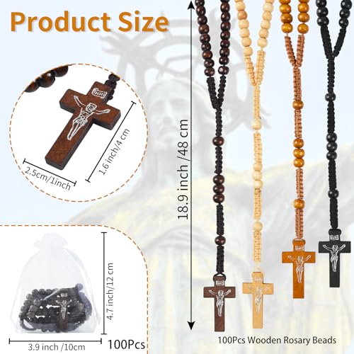 100 Set Wooden Rosaries Bulk Wood Catholic Rosary Beads for Men Women with Jesus Holy Cross First Communion Rosary with Organza Bags Religious Baptism Funeral Favors Confirmation Present